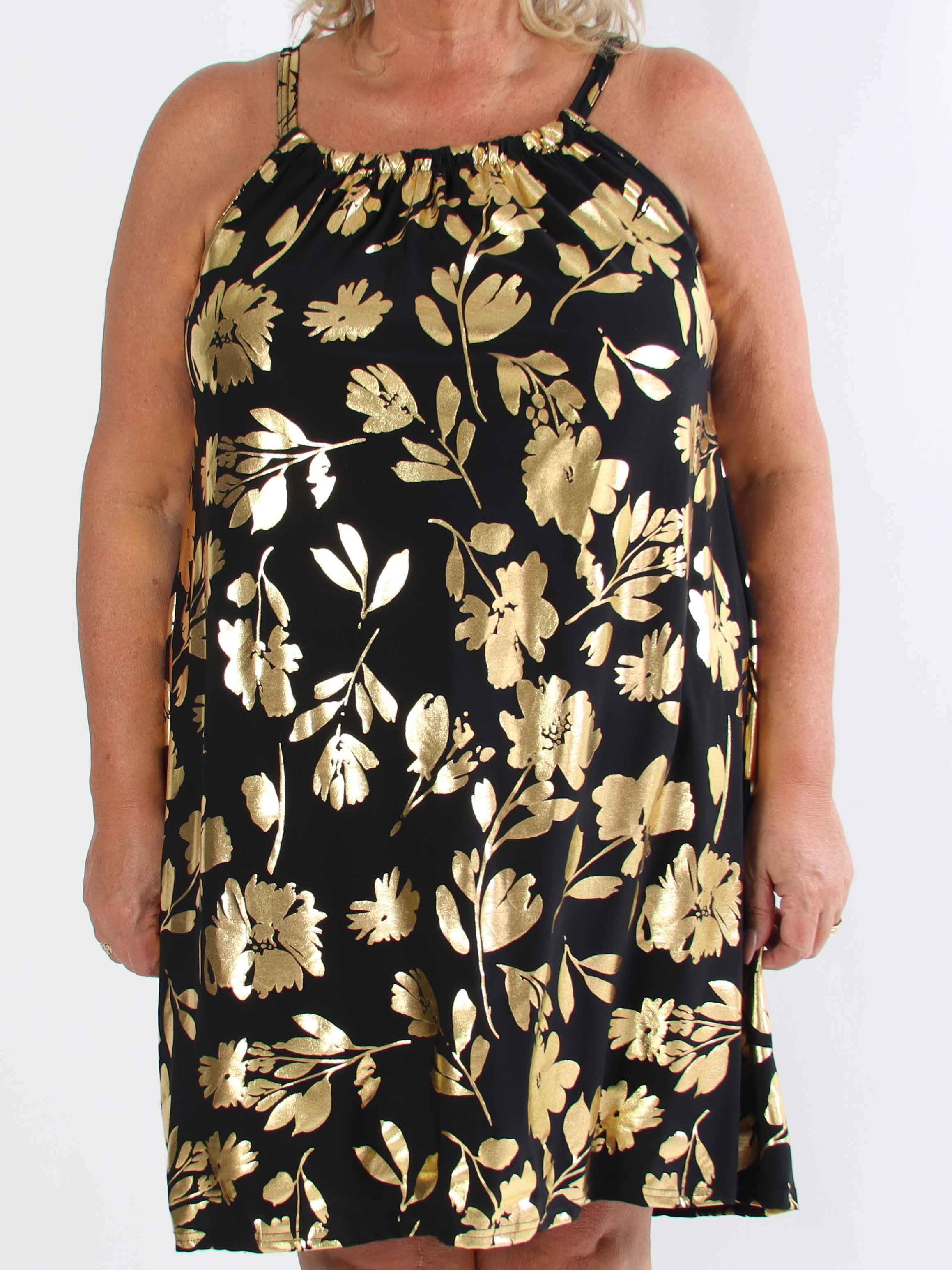 SunLove Gold Flower - Elastisk plus size stropkjole med store guldblade